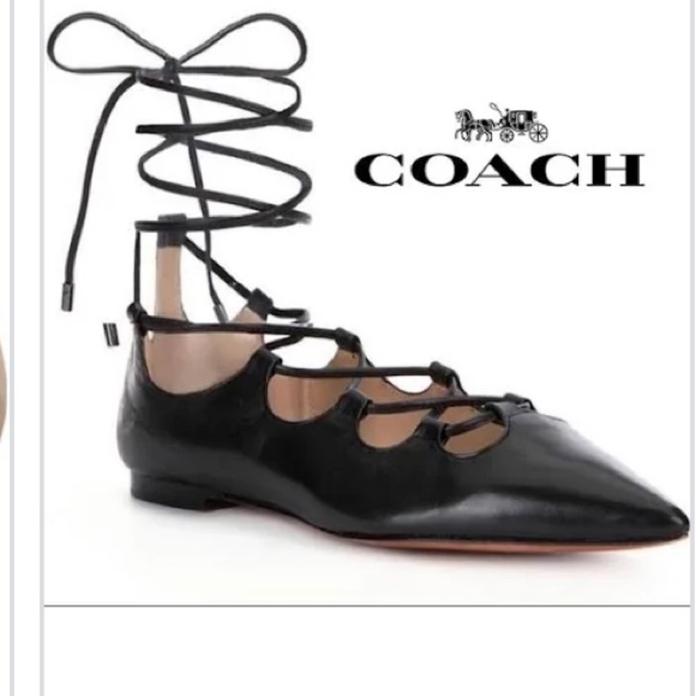 Coach Black Leather Lace-Up Flats with Strappy Details